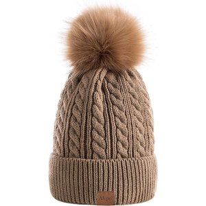 Womens Winter Warm Fleece Lined Knitted Soft Ski Cuff Beanie Hat with Pom Pom